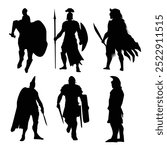 Set of Spartan or Trojan ancient Greek hoplite warrior silhouettes. Could also be Roman gladiators Vol 02