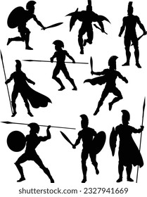 A set of Spartan or Trojan ancient Greek hoplite warrior silhouettes. Could also be Roman gladiators.