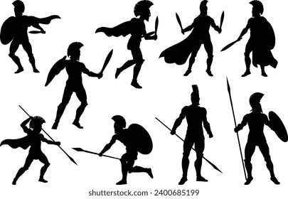 A set of Spartan or Trojan ancient Greek hoplite warrior silhouettes. Could also be Roman gladiators.