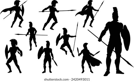 A set of Spartan or Trojan ancient Greek hoplite warrior silhouettes. Could also be Roman gladiators.