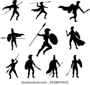 A set of Spartan or Trojan ancient Greek hoplite warrior silhouettes. Could also be Roman gladiators.