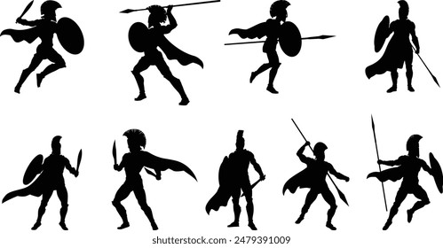 A set of Spartan or Trojan ancient Greek hoplite warrior silhouettes. Could also be Roman gladiators.