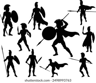 A set of Spartan or Trojan ancient Greek hoplite warrior silhouettes. Could also be Roman gladiators.