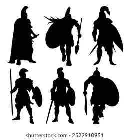 Set of Spartan or Trojan ancient Greek hoplite warrior silhouettes. Could also be Roman gladiators Vol 01