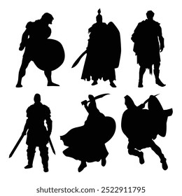 Set of Spartan or Trojan ancient Greek hoplite warrior silhouettes. Could also be Roman gladiators Vol 03