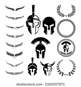 Set of the spartan warriors helmets and design elements for emblems create. Design elements for logo, label, emblem, sign. Vector illustration.