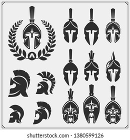 Set of spartans emblems and labels. Sport club design elements and templates. Ancient warriors, spartan spirit, gladiator helmets.