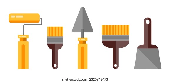 Set of spatula, brushes and roller. Service tools. Industry hand drawn flat collection. Industrial equipment