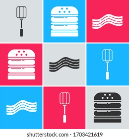Set Spatula, Burger and Bacon stripe icon. Vector