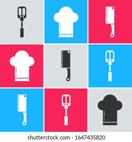 Set Spatula , Chef hat  and Meat chopper  icon. Vector