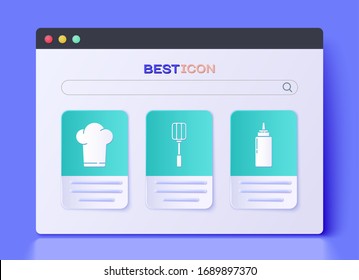Set Spatula, Chef hat and Sauce bottle icon. Vector