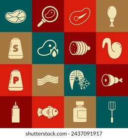 Set Spatula, Chicken leg, Fried chicken wing, Steak meat, Grilled steak and fire flame, Salt,  and Salami sausage icon. Vector