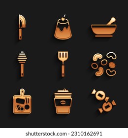 Set Spatula, Coffee cup to go, Candy, Jelly candy, Cutting board, Honey dipper stick, Mortar pestle and Knife icon. Vector