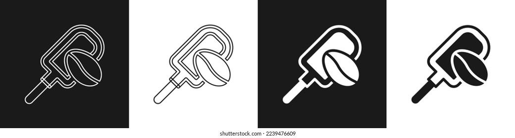Set Spatula with coffee grain icon isolated on black and white background. Coffee beans.  Vector