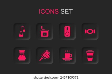 Set Spatula with coffee grain, Manual grinder, Tea bag, Coffee cup, Candy, to go, thermometer and Pour over maker icon. Vector