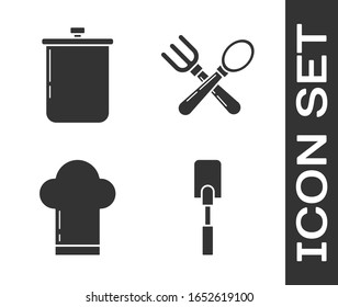 Set Spatula , Cooking pot , Chef hat  and Crossed fork and spoon  icon. Vector