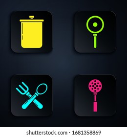 Set Spatula , Cooking pot , Crossed fork and spoon  and Frying pan . Black square button. Vector