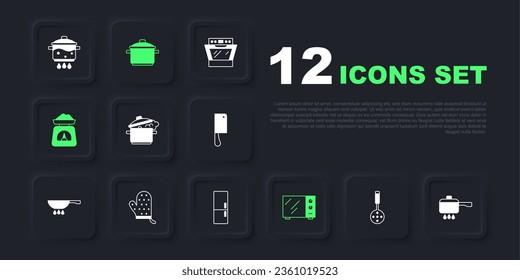 Set Spatula, Cooking pot on fire, Microwave oven, Scales, Oven glove,  and Refrigerator icon. Vector