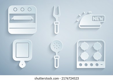 Set Spatula, Covered with tray of food, Cutting board, Gas stove, Barbecue fork and Oven icon. Vector