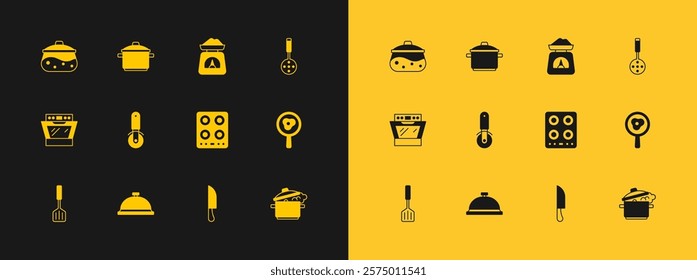 Set Spatula, Covered with tray of food, Gas stove, Knife, Pizza knife, Scales, Cooking pot and  icon. Vector