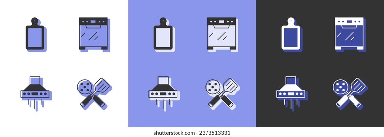 Set Spatula, Cutting board, Kitchen extractor fan and Oven icon. Vector