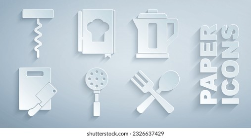 Set Spatula, Electric kettle, Cutting board and meat chopper, Crossed fork spoon, Cookbook and Wine corkscrew icon. Vector