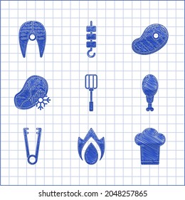 Ponga espátula, llama de fuego, sombrero de chef, pierna de pollo, tongos de carne, carne fresca congelada, icono de filete y pescado. Vector