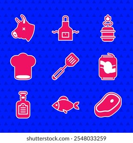 Set Spatula, Fish, Steak meat, Soda can, Sauce bottle, Chef hat, Camping gas stove and Cow head icon. Vector