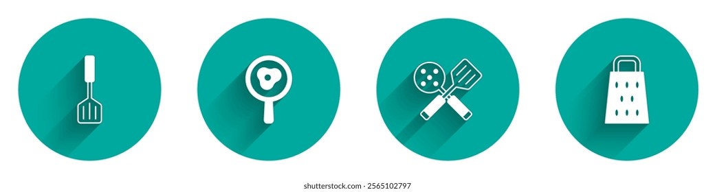 Set Spatula, Fried eggs on frying pan,  and Grater icon with long shadow. Vector