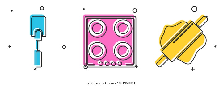 Set Spatula , Gas stove  and Rolling pin  icon. Vector
