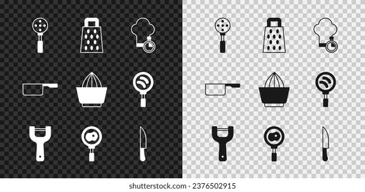 Set Spatula, Grater, Chef hat, Vegetable peeler, Fried eggs on frying pan, Knife, Saucepan and Citrus fruit juicer icon. Vector