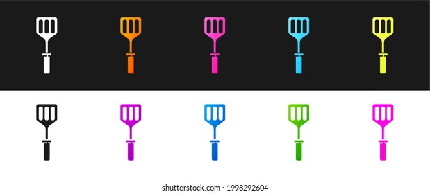 Set Spatula icon isolated on black and white background. Kitchen spatula icon. BBQ spatula sign. Barbecue and grill tool.  Vector Illustration