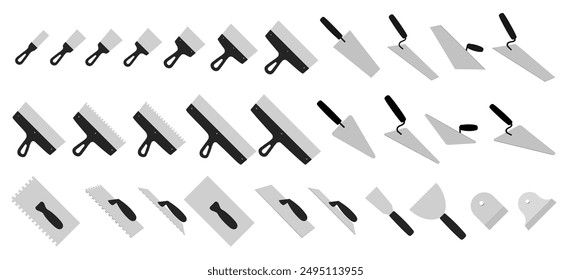 Set of spatula, isolated on a white background. Plaster spatula. Putty Knife. Construction tool. Spackling instrument. Spatula for finishing work. Silhouette black icons, vector illustration.