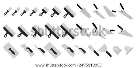 Set of spatula, isolated on a white background. Plaster spatula. Putty Knife. Construction tool. Spackling instrument. Spatula for finishing work. Silhouette black icons, vector illustration.