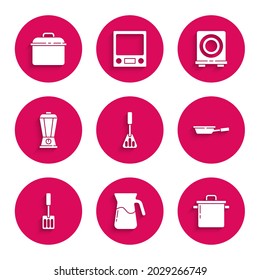 Set Spatula, Jug glass with water, Cooking pot, Frying pan, Blender, Electric stove and  icon. Vector