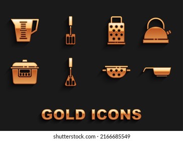 Set Spatula, Kettle with handle, Frying pan, Kitchen colander, Slow cooker, Grater, Measuring cup and  icon. Vector