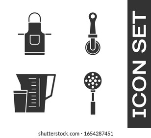 Set Spatula , Kitchen apron , Measuring cup and Pizza knife  icon. Vector