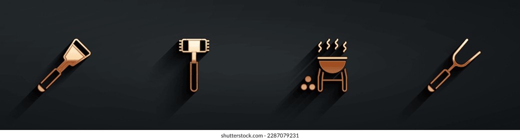 Set Spatula, Kitchen hammer, Barbecue grill and fork icon with long shadow. Vector