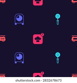Set Spatula, Kitchen timer, Chef hat and Electronic scales on seamless pattern. Vector