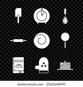 Set Spatula, Kitchen timer, whisk, Cookbook, Oven glove, Stack of pancakes, Rolling pin and bun with cinnamon icon. Vector