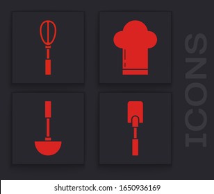 Set Spatula , Kitchen whisk , Chef hat y Kitchen ladle icono. Vector