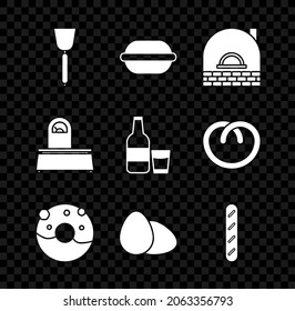 Set Spatula, Macaron cookie, Brick stove, Donut with sweet glaze, Chicken egg, French baguette bread, Scales and Glass bottle milk and glass icon. Vector