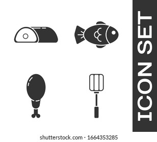 Coloque el icono Espátula, Carne, pierna de pollo y Pescado. Vector