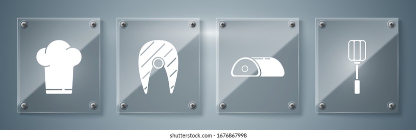 Set Spatula, Meat, Fish steak and Chef hat. Square glass panels. Vector