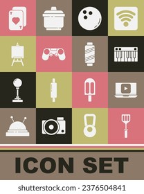 Set Spatula, Online play video, Music synthesizer, Bowling ball, Gamepad, Easel or painting art boards, Playing cards and Sewing thread on spool icon. Vector