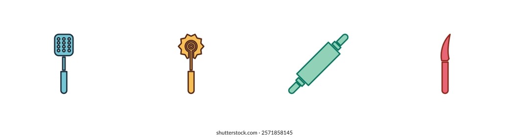 Set Spatula, Pizza knife, Rolling pin and Knife icon. Vector