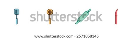 Set Spatula, Pizza knife, Rolling pin and Knife icon. Vector