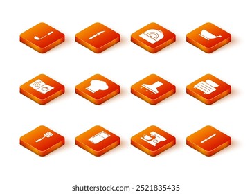 Set Spatula, Refrigerator, Cookbook, Chef hat, Electric mixer, Kitchen extractor fan, Knife and Toaster with toasts icon. Vector