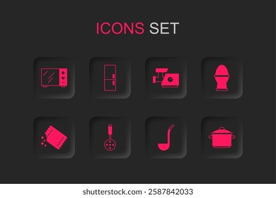 Set Spatula, Refrigerator, Microwave oven, Kitchen ladle, Chicken egg on stand, Cooking pot, meat grinder and Packet of pepper icon. Vector