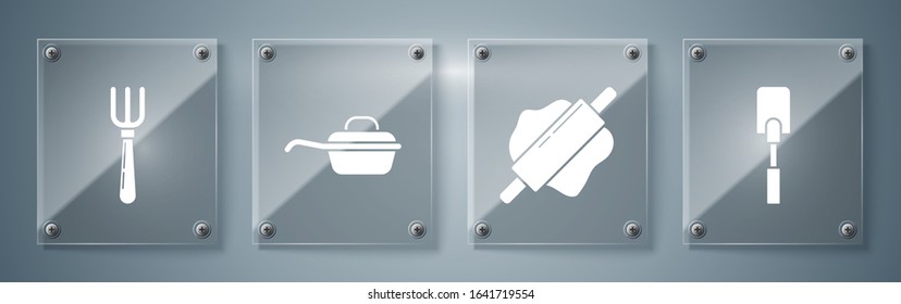 Set Spatula, Rolling pin, Frying pan  and Fork. Square glass panels. Vector.